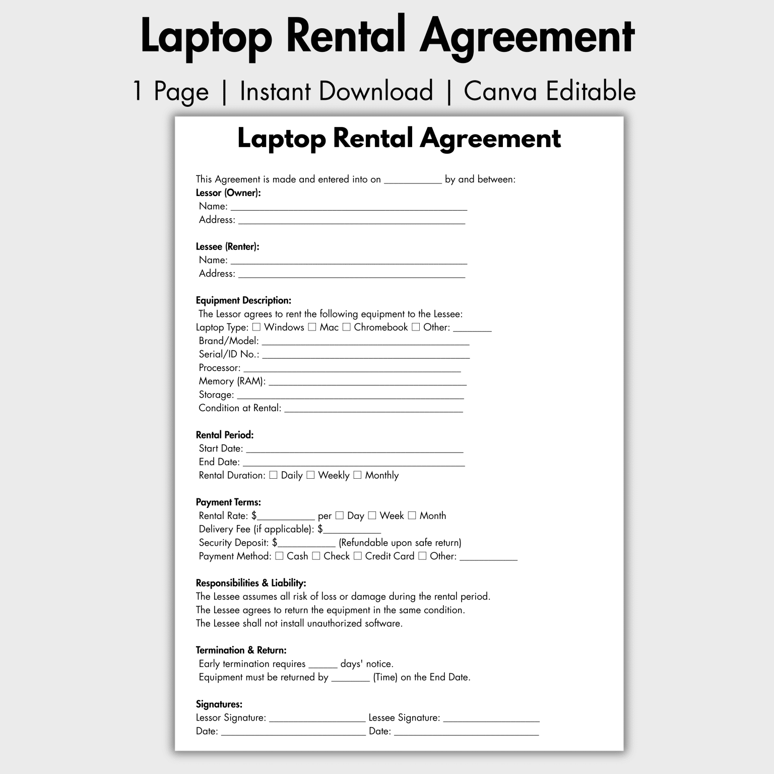 EDITABLE Simple Laptop Rental Agreement