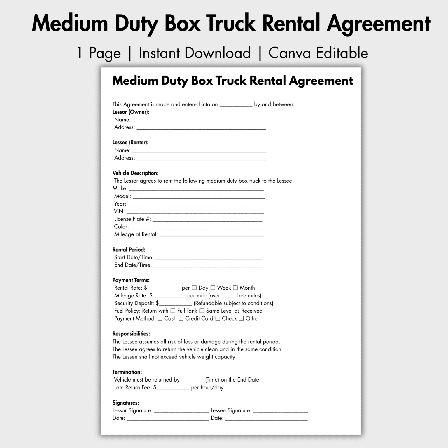 EDITABLE Simple Medium Duty Box Truck Rental Agreement