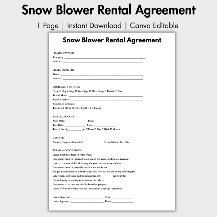 Snow Blower Rental Agreement