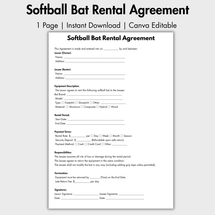 Softball Bat Rental Agreement