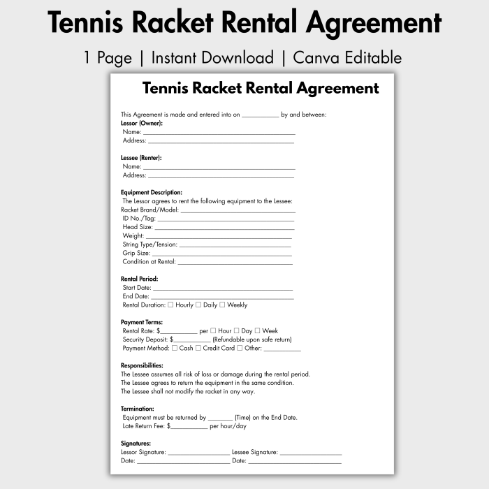 Tennis Racket Rental Agreement