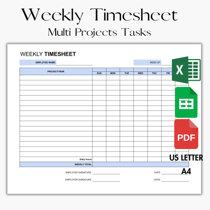 Weekly Timesheet Multi Projects Tasks Google Sheet & Excel pdf printable.Editable Timesheet. Printable Timesheet. Time Card. Time Tracker. Work Log.