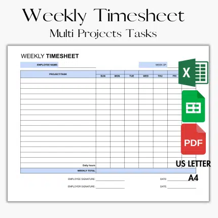 Weekly Timesheet Multi Projects Tasks Google Sheet & Excel pdf printable.Editable Timesheet. Printable Timesheet. Time Card. Time Tracker. Work Log.