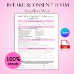 Editable Simple Brazilian Wax Intake and Consent Form, Waxing Treatment Release, Intimate Wax Waiver, Professional Waxing Forms, Beauty Treatment Consent, Body Wax Agreement, Salon Release Form, Esthetician Waxing Forms, Skin Treatment Authorization, Esthetician Forms, Spa Forms