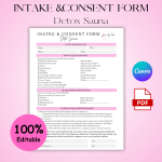 Editable Simple Detox Sauna Clent Intake and Consent Form,Infrared Sauna Form ,Detox Sauna Intake Form ,New Client Form , Spa Medspa Forms , Infrared Sauna Consultation Form, Clent Consultation Form, Clent Inatke Form