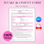 Editable Simple Electrolysis Clent Intake and Consent Form, Electrolysis Consent Form, Electrolysis Form, Esthetician Forms, Facial Forms, Hair Removal Forms, Electrolysis Treatment Form, Facial, Client Consultation Form, Client Intake Form.