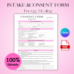 Editable Simple Energy Healing Intake and Consent Form, Reiki Treatment Authorization, Chakra Balancing Agreement, Medical History Questionnaire, Treatment Release Waiver, Client Assessment Form, Client Assessment Form, Client Consultation Form.