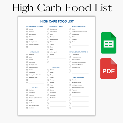 High Carb, Food List, High Carbohydrates, Carb Heavy Foods, Food Source, Rich Foods, Carb Loading Foods, Whole Grain Carbs, Grocery List PDF