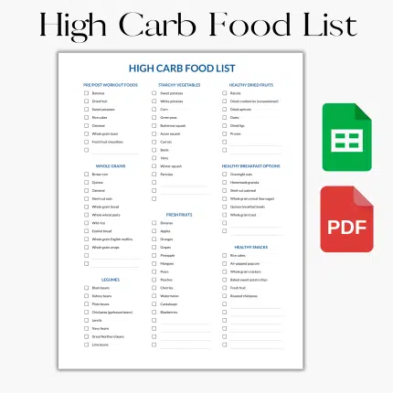 High Carb, Food List, High Carbohydrates, Carb Heavy Foods, Food Source, Rich Foods, Carb Loading Foods, Whole Grain Carbs, Grocery List PDF