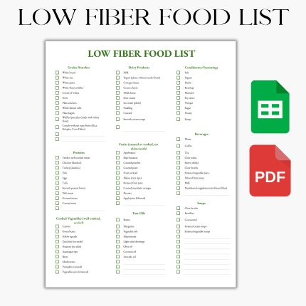 Low Fiber, Low Fiber Food List and Grocery List (google sheet & PDF),Low Fiber Diet, Food List, Grocery List, Shopping List, Low Fiber Nutrition, Low Fiber Eating, Foods Low Fiber, Low Fiber Guide