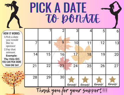September Gymnastics Pick a Date to Donate,fundraiser calendar,Fundraiser, pay the date, Gymnastics fundraiser, sponsor my season fundraiser, Gymnastics