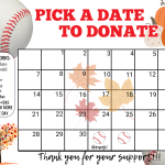 September baseball Pick a Date to Donate,fundraiser calendar,Fundraiser, pay the date, baseball fundraiser, sponsor my season fundraiser, baseball