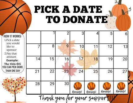 September Basketball Pick a Date to Donate,fundraiser calendar,Fundraiser, pay the date, Basketball fundraiser, sponsor my season fundraiser, Basketball