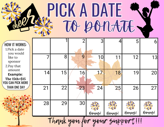 September cheer Pick a Date to Donate,fundraiser calendar,Fundraiser, pay the date, cheer fundraiser, sponsor my season fundraiser, cheer