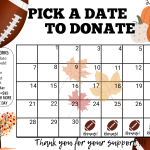 September football Pick a Date to Donate,fundraiser calendar,Fundraiser, pay the date, football fundraiser, sponsor my season fundraiser, football