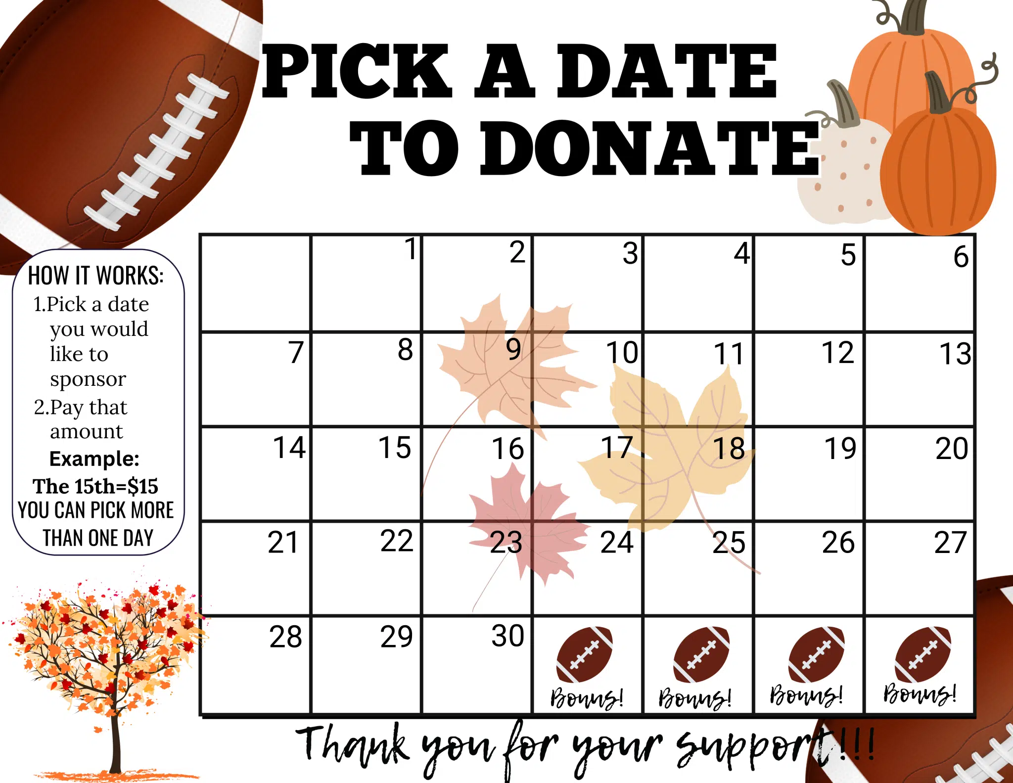 September football Pick a Date to Donate,fundraiser calendar,Fundraiser, pay the date, football fundraiser, sponsor my season fundraiser, football