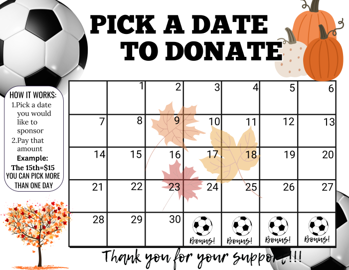 September soccer Pick a Date to Donate,fundraiser calendar,Fundraiser, pay the date, soccer fundraiser, sponsor my season fundraiser, soccer