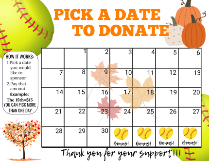 September softball Pick a Date to Donate,fundraiser calendar,Fundraiser, pay the date, softball fundraiser, sponsor my season fundraiser, softball