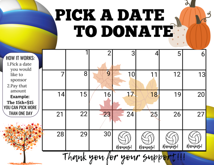 September volleyball Pick a Date to Donate,fundraiser calendar,Fundraiser, pay the date, volleyball fundraiser, sponsor my season fundraiser, volleyball