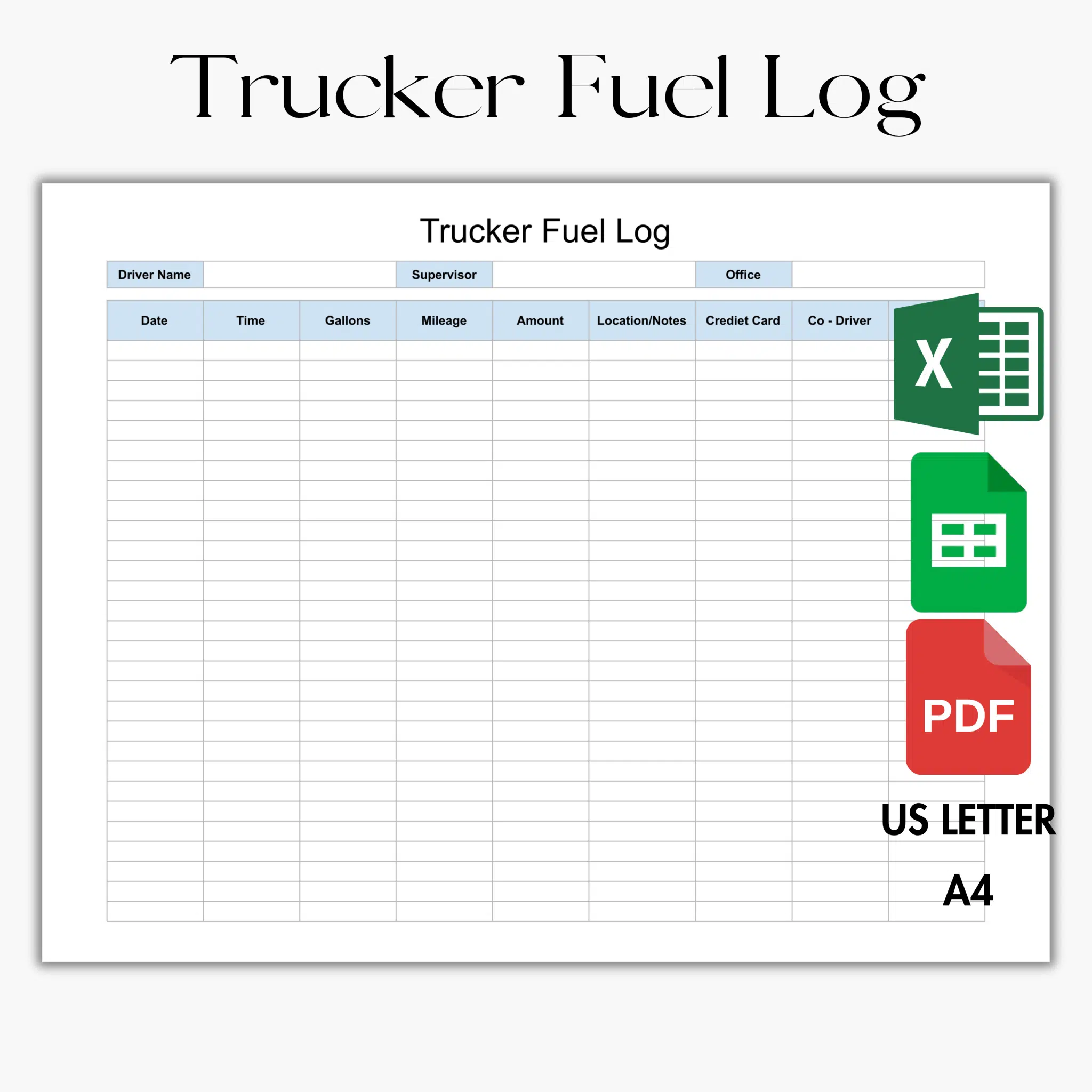 Trucker Fuel Log Google Sheet & Excel PDF Printable Trucker Fuel Log