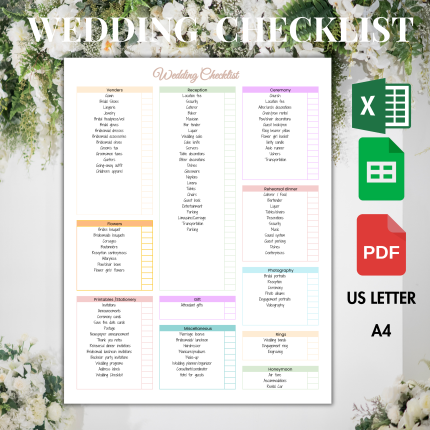 Editable Google Sheet & Excel PDF Printable Wedding Checklist template