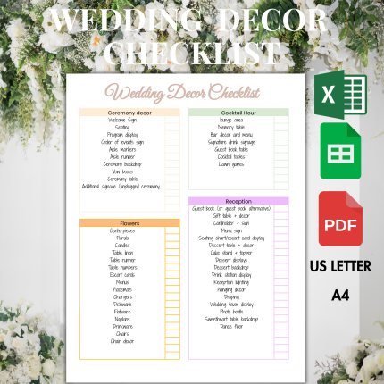 Editable Google Sheet & Excel PDF Printable Wedding Decor Checklist.Wedding Decor Checklist | Wedding Reception Decor Checklist | Wedding Ceremony Decor Checklist | Printable Wedding Day Decor Checklist