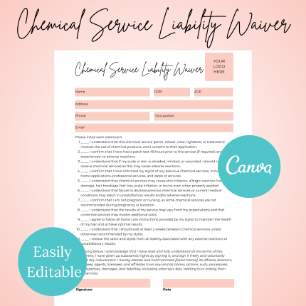 Chemical Service Treatment Consent Liability Form, Hairstylist consent form, Esthetician treatment consent form, hair coloring form, perm