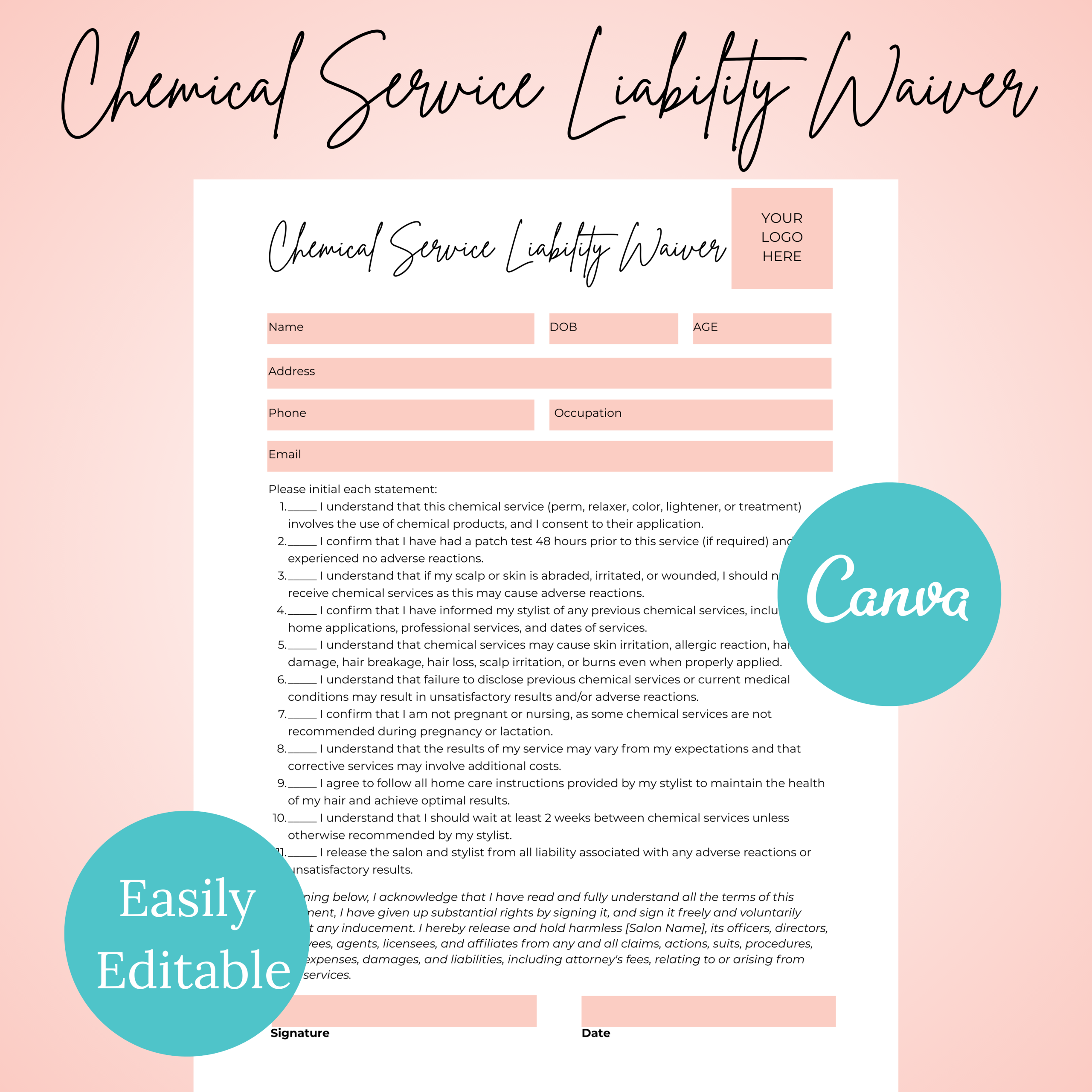 Chemical Service Treatment Consent Liability Form Chemical Service Treatment Consent Liability Form, Hairstylist consent form, Esthetician treatment consent form, hair coloring form, perm