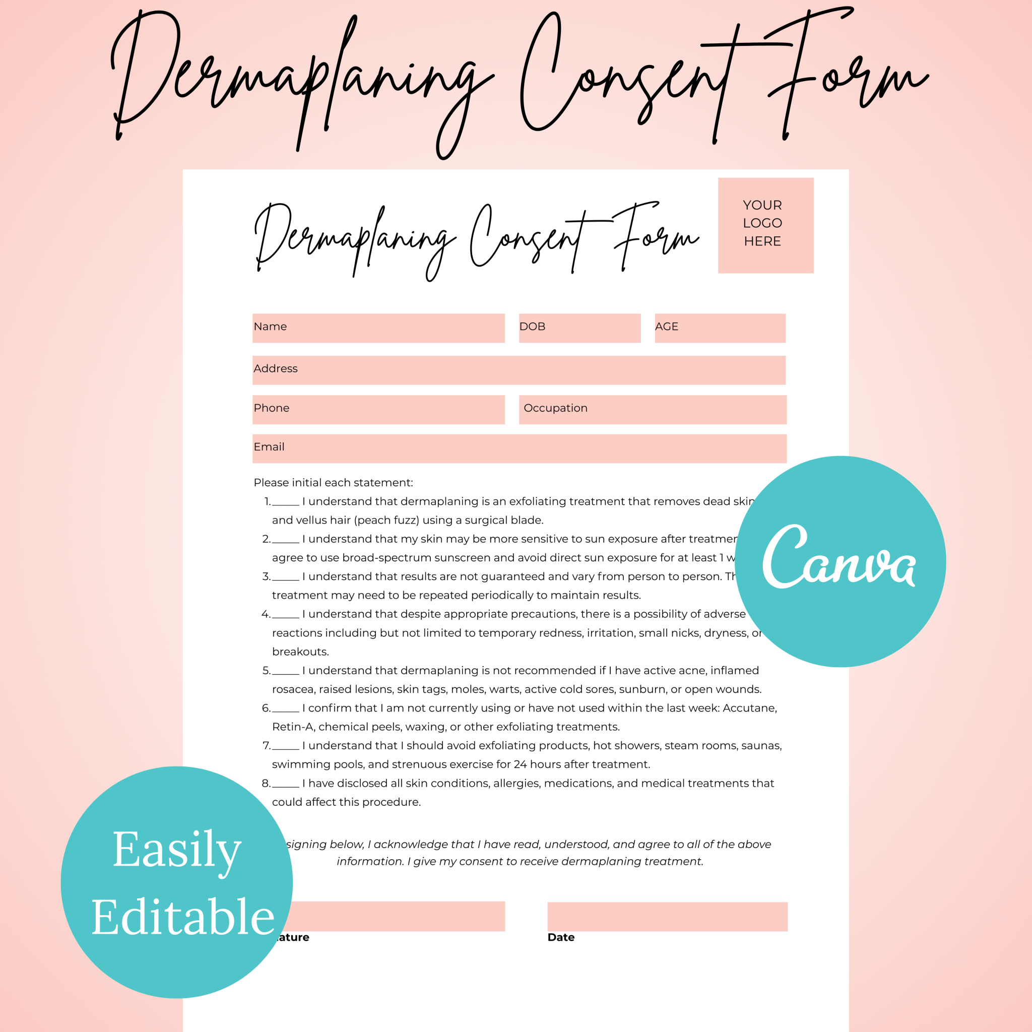Editable Simple Dermaplaning Consent Form PDF