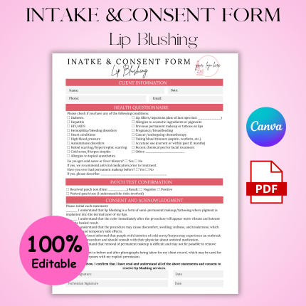 Lip Blushing Consent Form, Lip Blushing Client Intake Form, Client Information Form, Client Intake Form, Client Application Form, Client Consultation Form, Editable Esthetician Business Form, PMU, Canva Form, Lip Tattoo Form