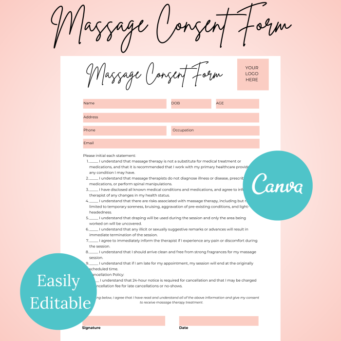Massage Consent Form, Massage Liability Waiver, Massage Therapist Business , Massage Consent Form Template