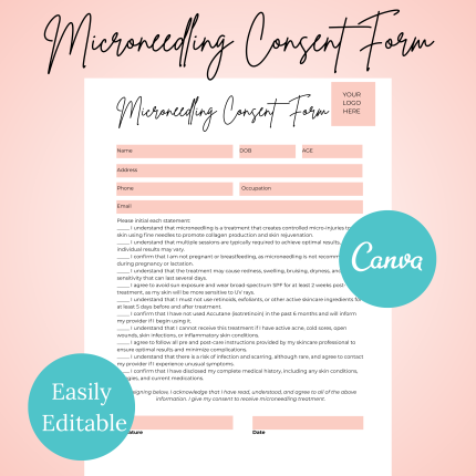 Microneedling  Client Consent Forms, Business Forms for Aestheticians, Printable Medi Spa Form, Editable Templates