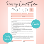 Piercing Client Intake and Consent Form, Ear Piercing Form Template, Body Piercing Client Form, Client Intake Template, Client Consent