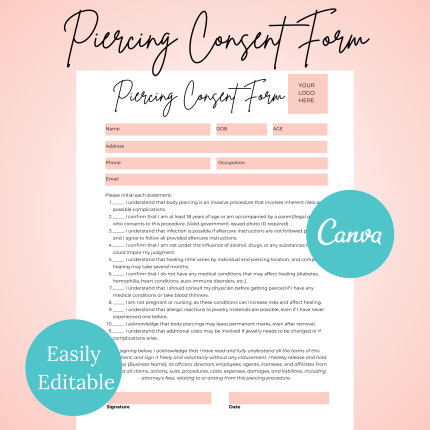 Piercing Client Intake and Consent Form, Ear Piercing Form Template, Body Piercing Client Form, Client Intake Template, Client Consent