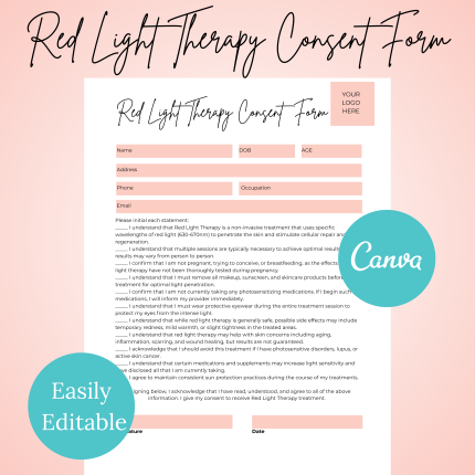 LED Red Light Therapy Client Consent Form, Editable RLT Forms for Estheticians, Printable Medi Spa Form, Esthetician Templates