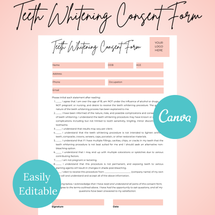 Teeth Whitening Consent Form, Tooth Whitening Form, Esthetician Form Printable, Editable Canva Template, Teeth Whitening Waiver, Dental Form