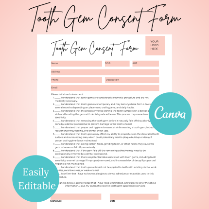 Tooth Gem Consent Form, Tooth Gem Waiver Form, Esthetician Consent Forms