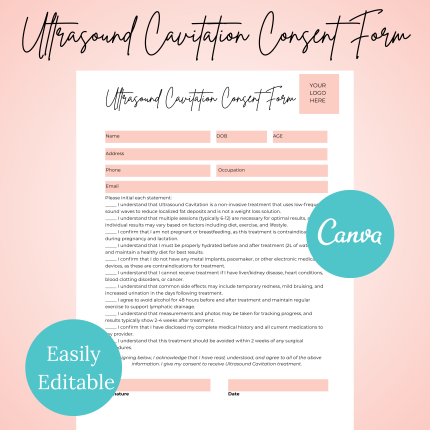 Ultrasound Cavitation Consent Form & Liability Waiver, Editable Body Sculpting Consent Form for Estheticians, Medi Spa Business