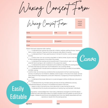 Waxing Consent Form, Wax Consent Form, Waxing Liability Waiver, Waxing form, Salon Forms