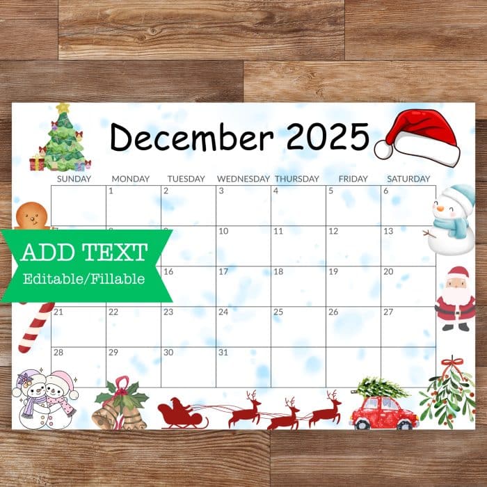 Editable December 2025 Calendar