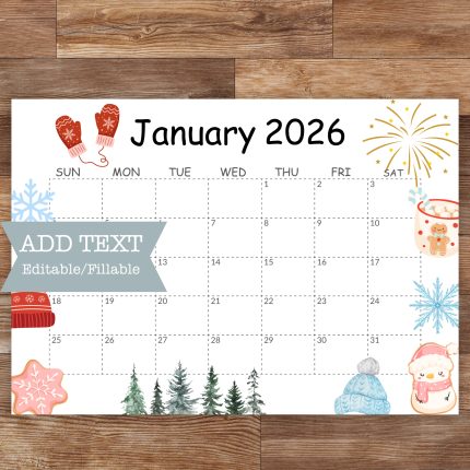 cute January Calendar 2026