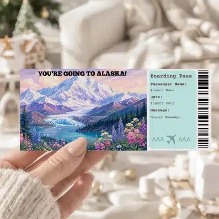 Editable Alaska Boarding Pass Template , Alaska Trip Surprise Gift Ticket, Printable Plane Ticket, Printable getaway voucher, Surprise Travel Reveal, Flight Ticket, Download, Alaska