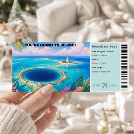 Editable Belize Boarding Pass Template , Belize Surprise Gift Ticket, Printable Plane Ticket, Printable getaway voucher, Surprise Travel Reveal, Flight Ticket, Download, Belize
