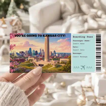 Editable Kansas City Boarding Pass Template , Kansas City Surprise Gift Ticket, Printable Plane Ticket, Printable getaway voucher, Surprise Travel Reveal, Flight Ticket, Download, Kansas City