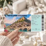 This product is for an instant download Albania boarding pass ticket — Use it as a trip reveal, fake plane ticket, vacation reveal, trip announcement, scrapbook addition, last-minute gift, and more.