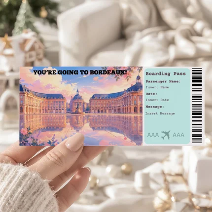This product is for an instant download Bordeaux boarding pass ticket — Use it as a trip reveal, fake plane ticket, vacation reveal, trip announcement, scrapbook addition, last-minute gift, and more.