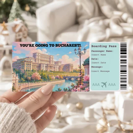 Editable Bucharest Boarding Pass Template: Trip Surprise Gift Ticket (Instand Download)