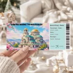 This product is for an instant download Bulgaria boarding pass ticket — Use it as a trip reveal, fake plane ticket, vacation reveal, trip announcement, scrapbook addition, last-minute gift, and more.