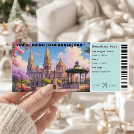 Editable Guadalajara Boarding Pass Template, Guadalajara Surprise Gift Ticket, Printable Plane Ticket, Printable getaway voucher, Surprise Travel Reveal, Flight Ticket, Canva Template, Guadalajara Cathedral