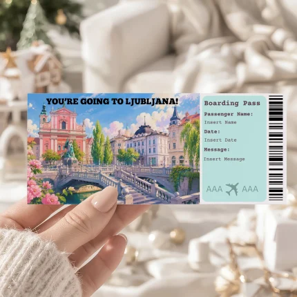 Editable Ljubljana Boarding Pass Template: Trip Surprise Gift Ticket (Instand Download)